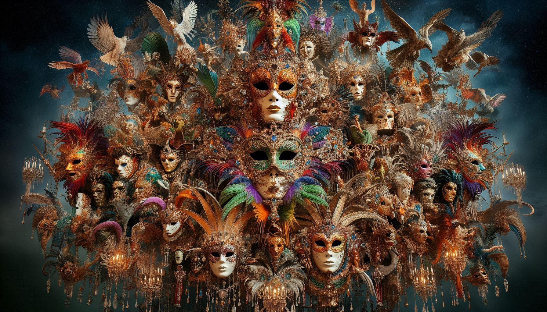 Elaborate masquerade scene with multiple characters