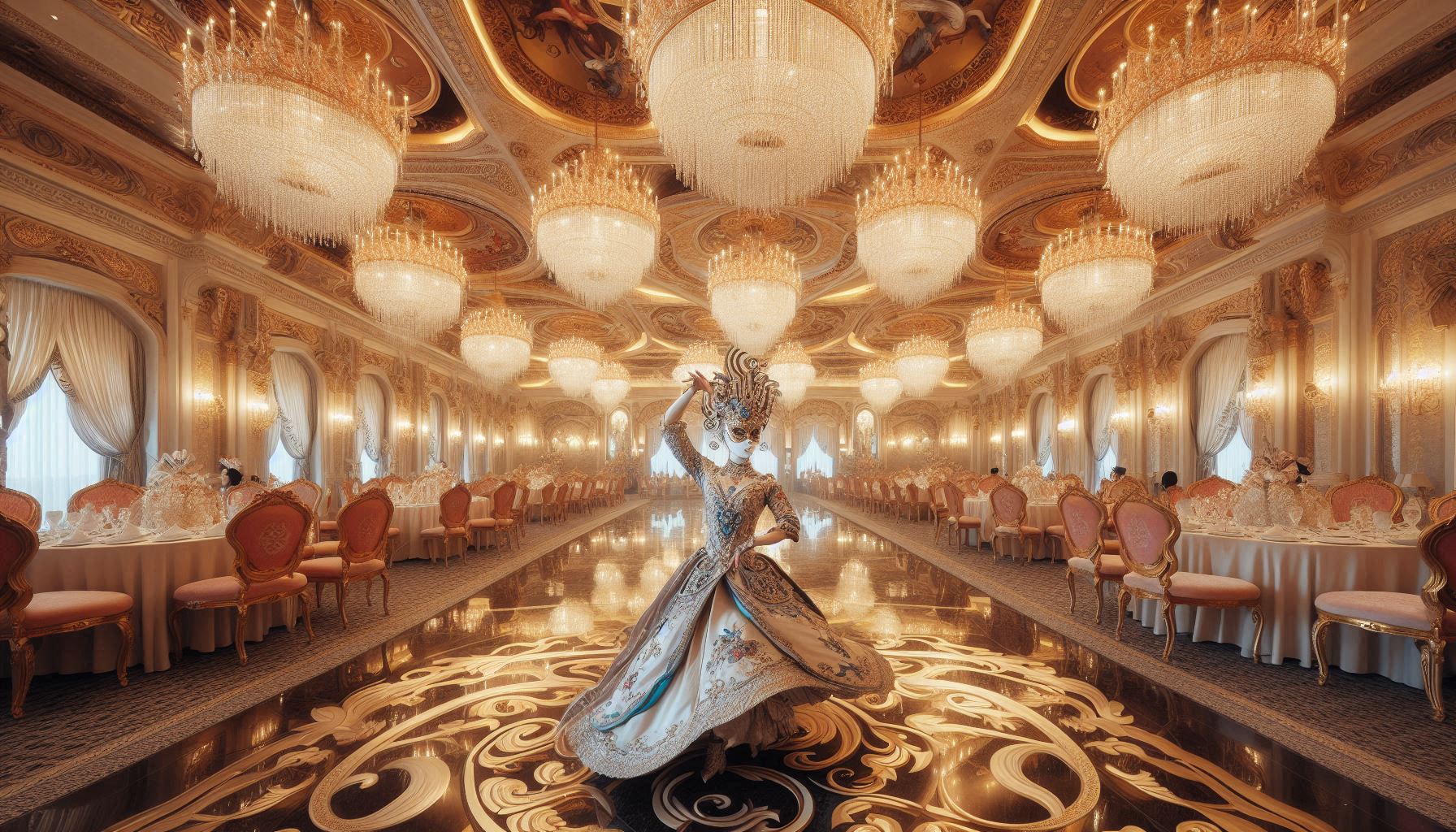 Grand ballroom with masked dancers and chandeliers